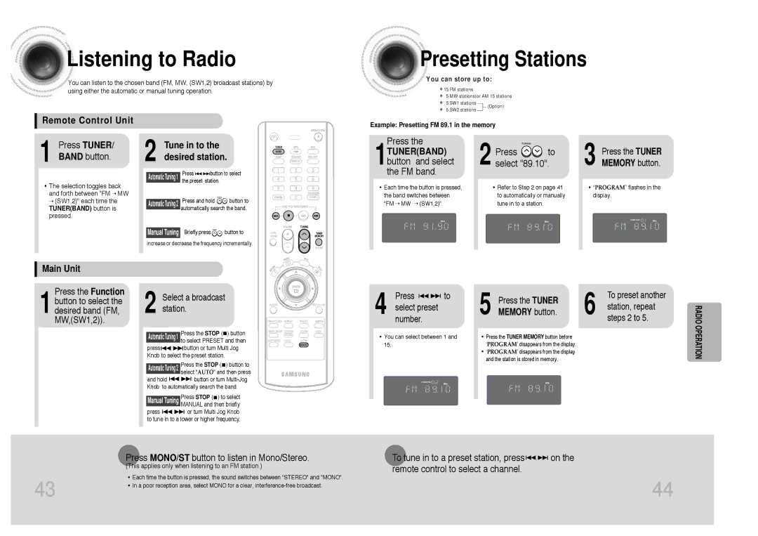 Samsung MAX-DC640F/UMG, MAX-DC640F/XSG manual Listening to Radio, Presetting Stations, Radio Operation 