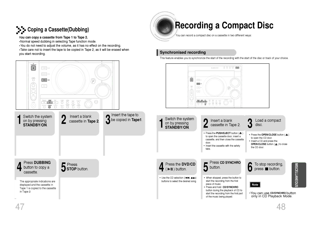 Samsung MAX-DC640F/UMG, MAX-DC640F/XSG manual Recording a Compact Disc, Synchronised recording, Standby/On, Press Dubbing 