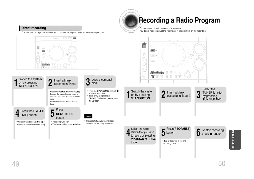 Samsung MAX-DC640F/XSG manual Recording a Radio Program, Direct recording, Switch the system On by pressing, Tuner/Band 