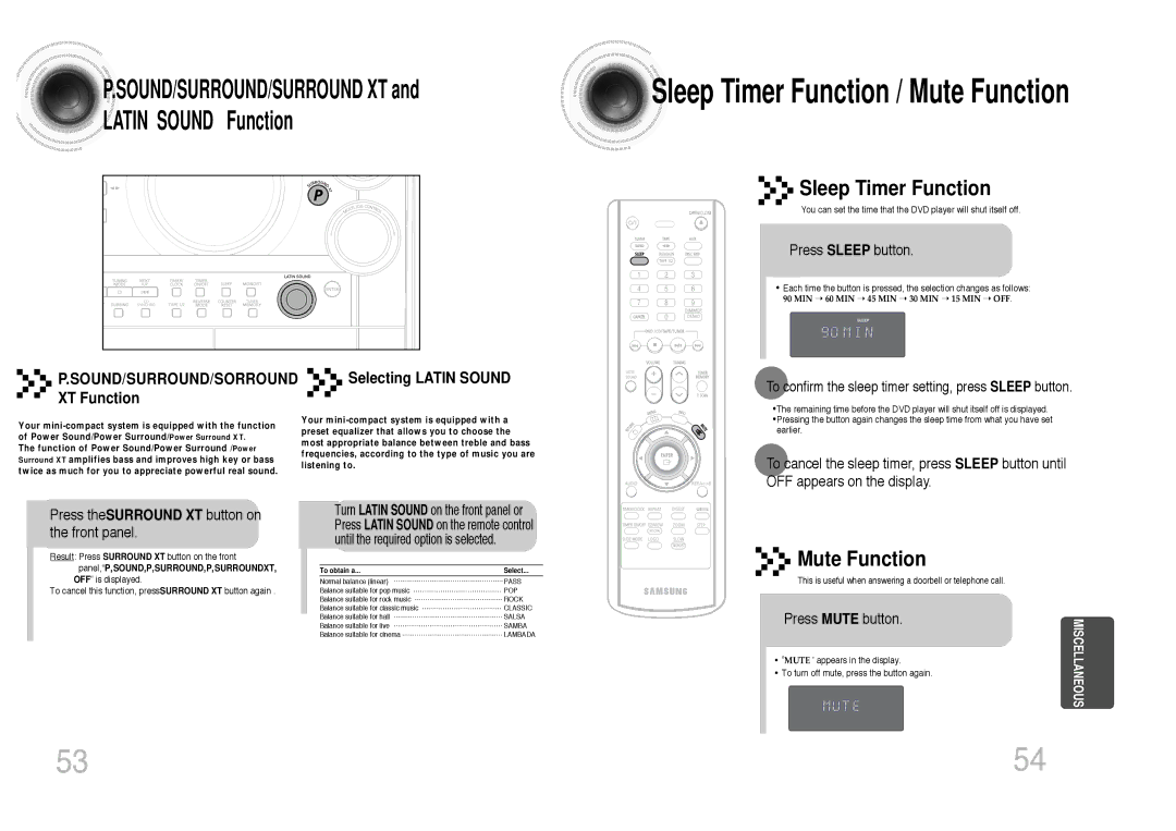 Samsung MAX-DC640F/XSG, MAX-DC640F/UMG manual XT Function, Selecting Latin Sound, Press Sleep button, Press Mute button 