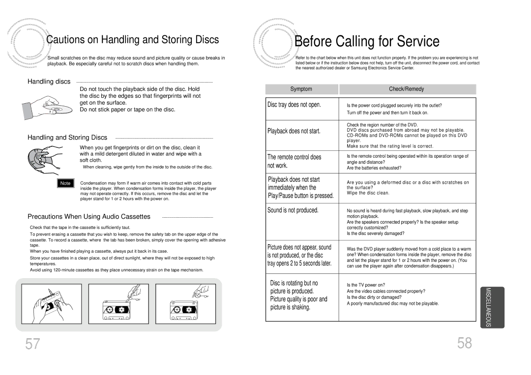 Samsung MAX-DC640F/XSG, MAX-DC640F/UMG manual Before Calling for Service, Handling discs, Handling and Storing Discs 