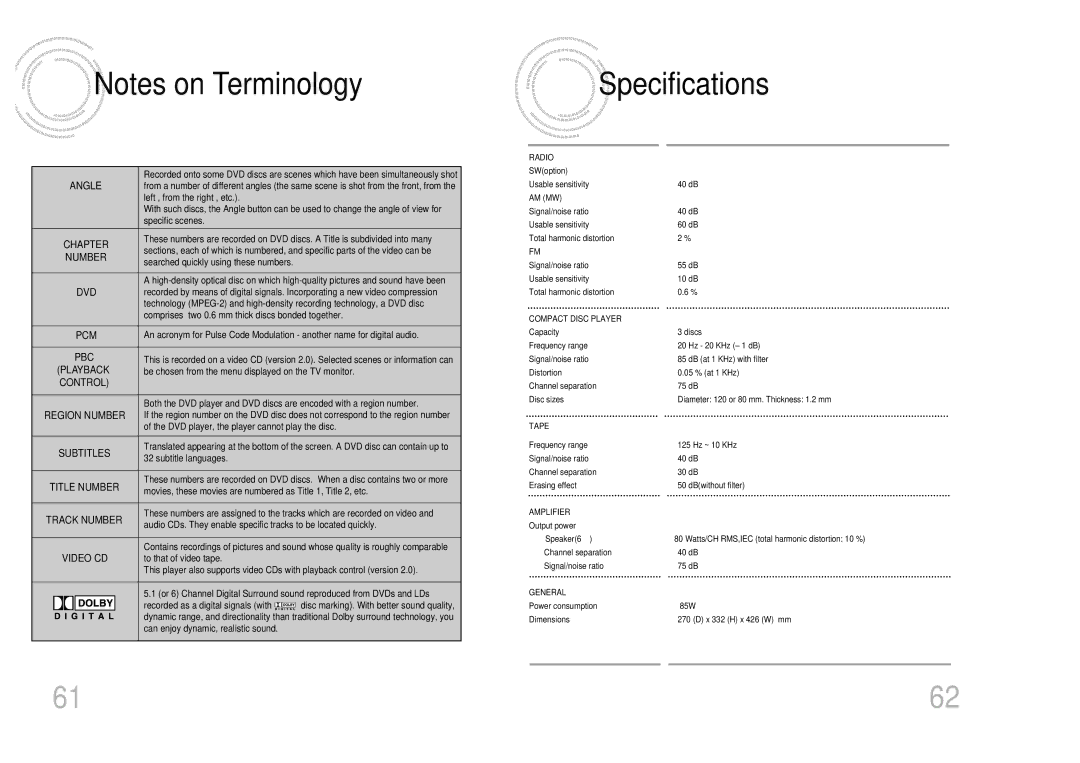 Samsung MAX-DC640F/XSG, MAX-DC640F/UMG manual Specifications, Angle 