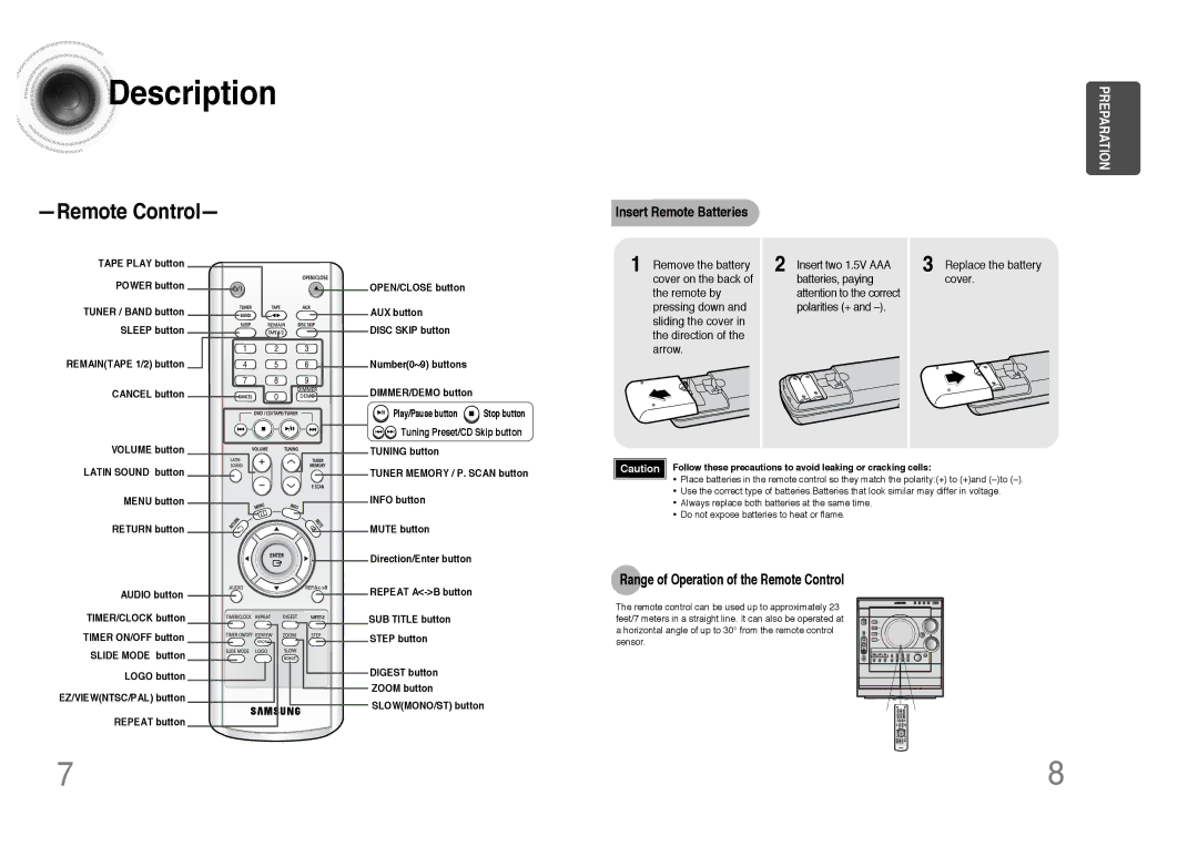 Samsung MAX-DC640F/UMG, MAX-DC640F/XSG manual Insert Remote Batteries, Range of Operation of the Remote Control 