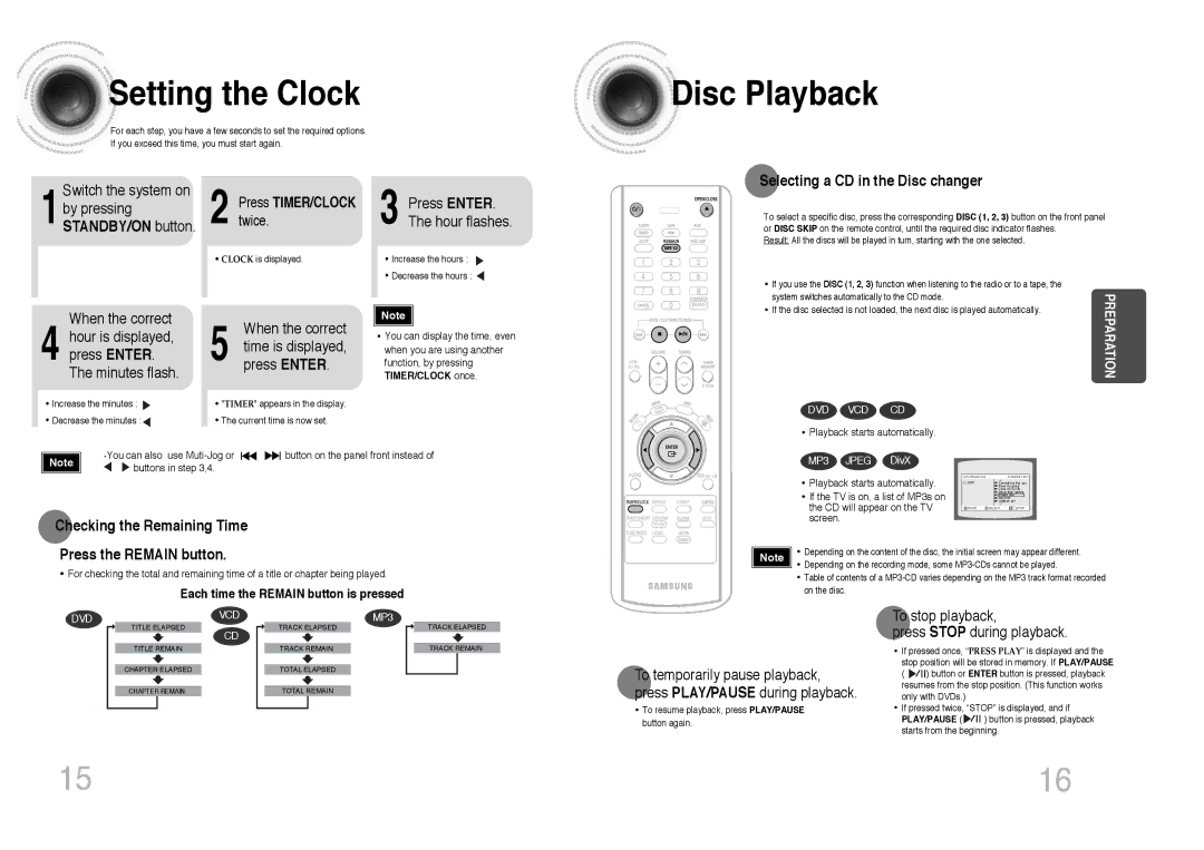 Samsung MAX-DC640F/UMG, MAX-DC640F/XSG manual Setting the Clock, Disc Playback, Selecting a CD in the Disc changer 