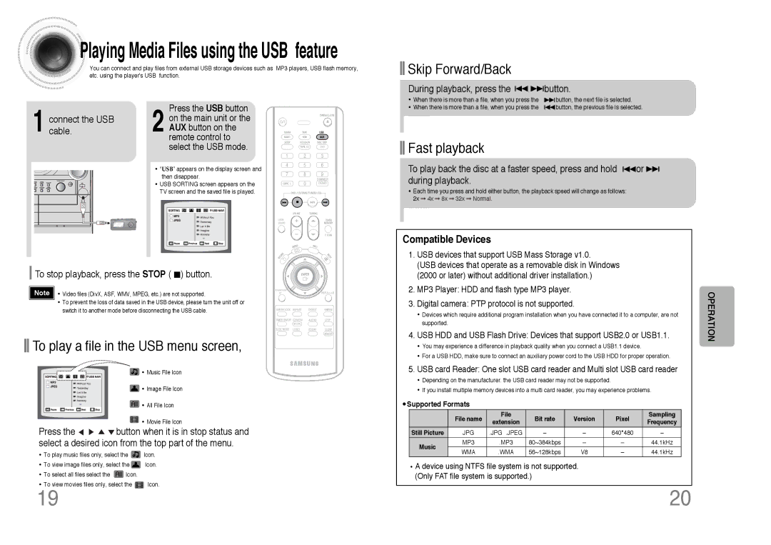 Samsung MAX-DC650F/UMG To play a file in the USB menu screen, Compatible Devices, To stop playback, press the Stop button 