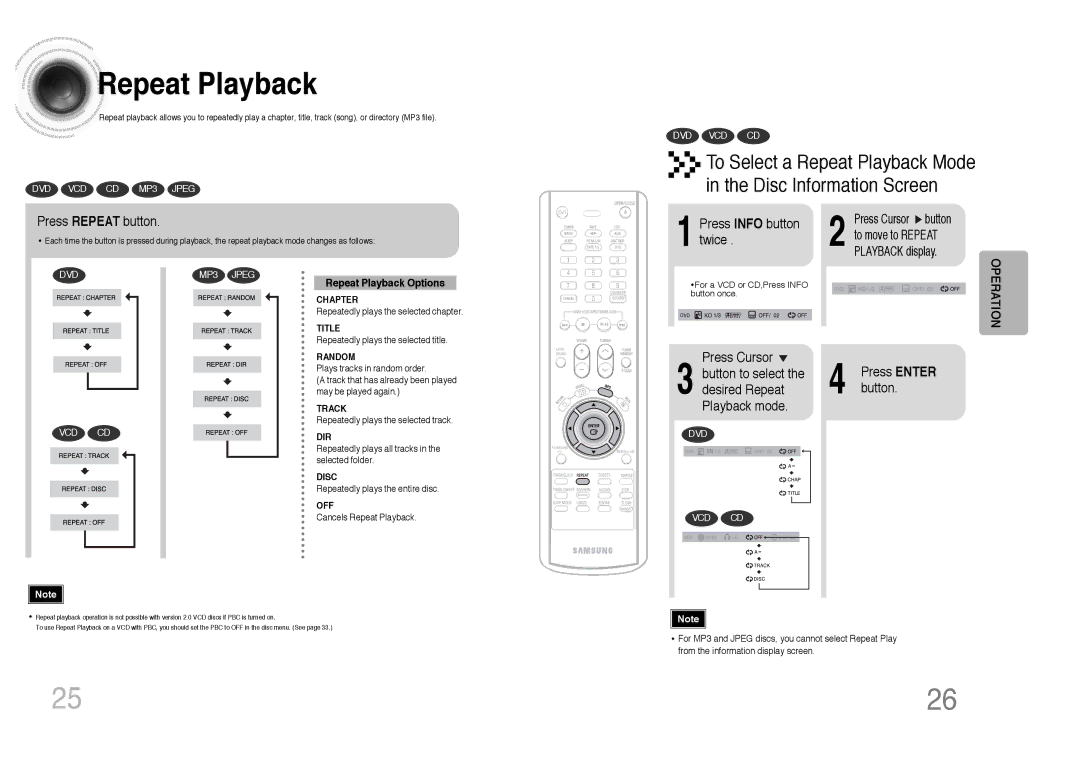 Samsung MAX-DC650F/XSG, MAX-DC650F/HAO, MAX-DC650F/UMG manual To Select a Repeat Playback Mode Disc Information Screen 