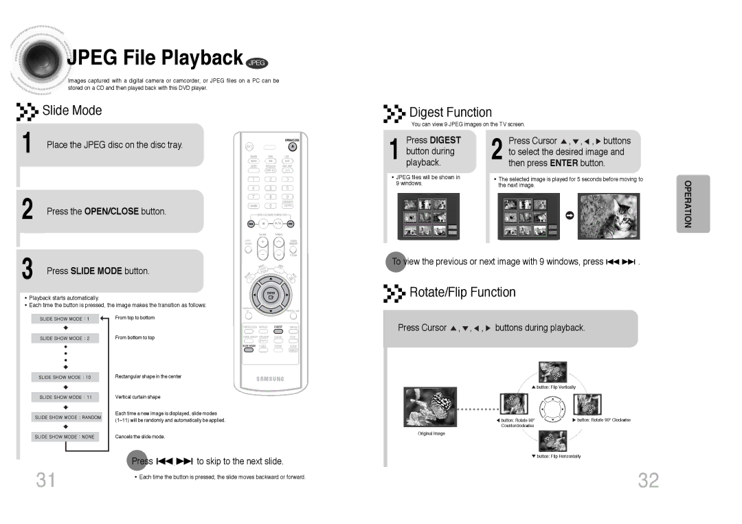 Samsung MAX-DC650T/CDM, MAX-DC650F/HAO manual Jpeg File Playback Jpeg, Slide Mode Digest Function, Rotate/Flip Function 