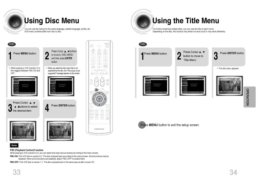 Samsung MAX-DC650F/SIM, MAX-DC650F/HAO Using Disc Menu, Using the Title Menu, Press Menu button to exit the setup screen 