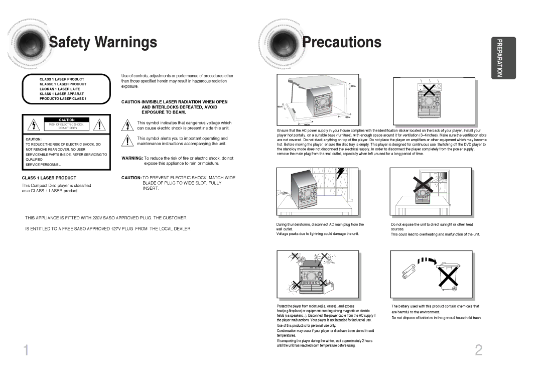 Samsung MAX-DC650T/CDM, MAX-DC650F/HAO, MAX-DC650F/UMG, MAX-DC650F/SIM, MAX-DC650F/XSG manual Safety Warnings Precautions 