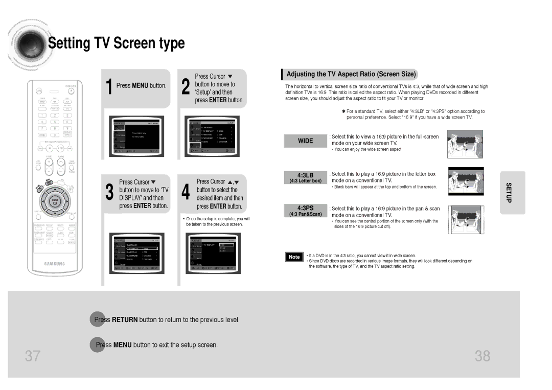 Samsung MAX-DC650F/HAO, MAX-DC650F/UMG, MAX-DC650T/CDM, MAX-DC650F/SIM manual Adjusting the TV Aspect Ratio Screen Size, Setup 