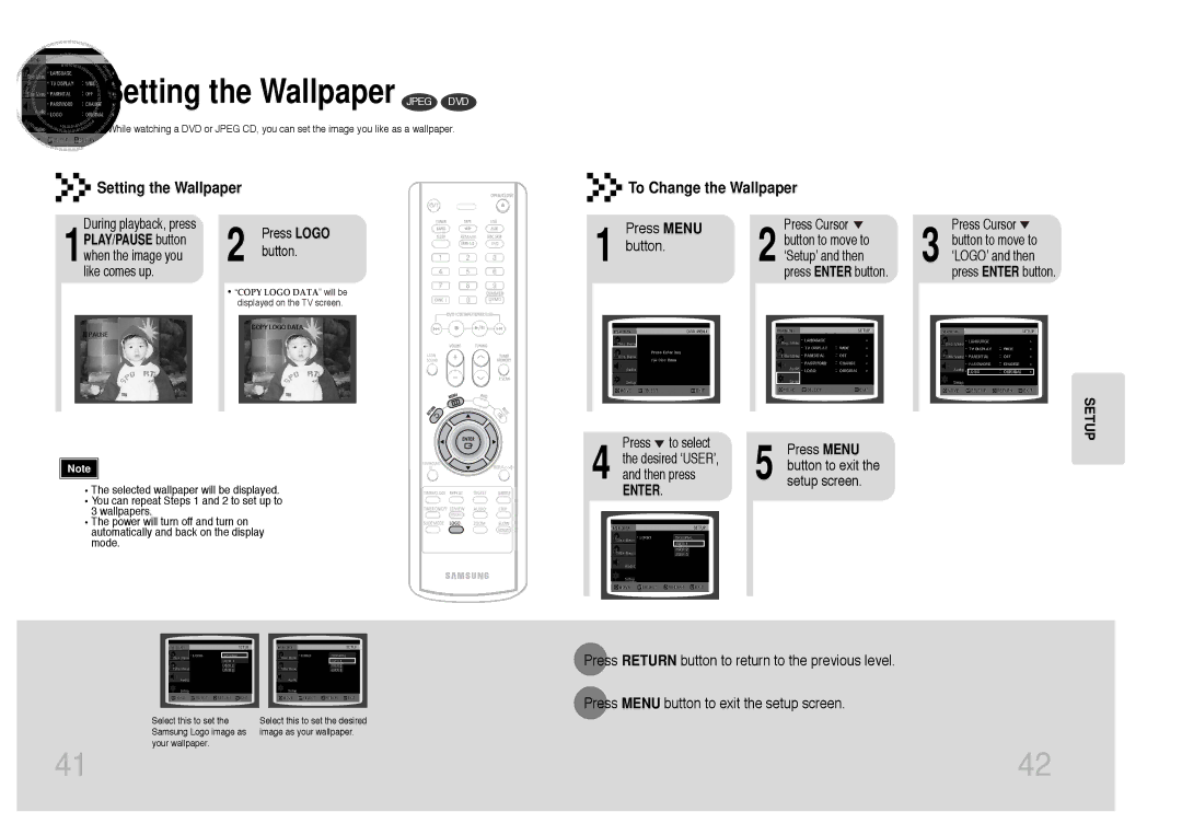 Samsung MAX-DC650T/CDM manual Setting the Wallpaper Jpeg DVD, Setting the Wallpaper To Change the Wallpaper, Press Menu 