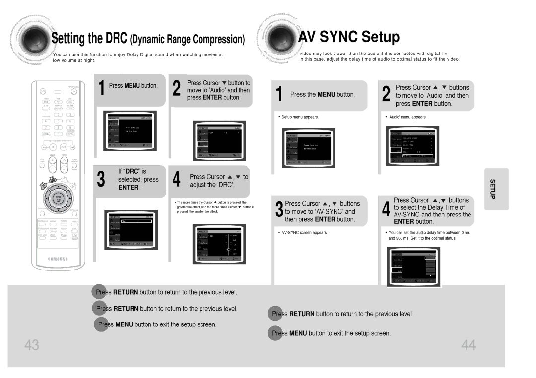 Samsung MAX-DC650F/SIM, MAX-DC650F/HAO manual AV Sync Setup, Press the Menu button, If DRC is Selected, press, Enter 