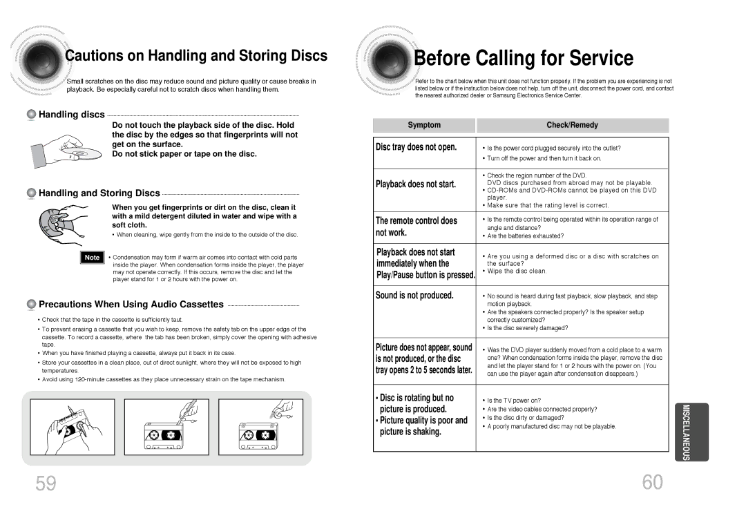 Samsung MAX-DC650F/UMG, MAX-DC650F/HAO manual Before Calling for Service, Handling discs, Handling and Storing Discs 