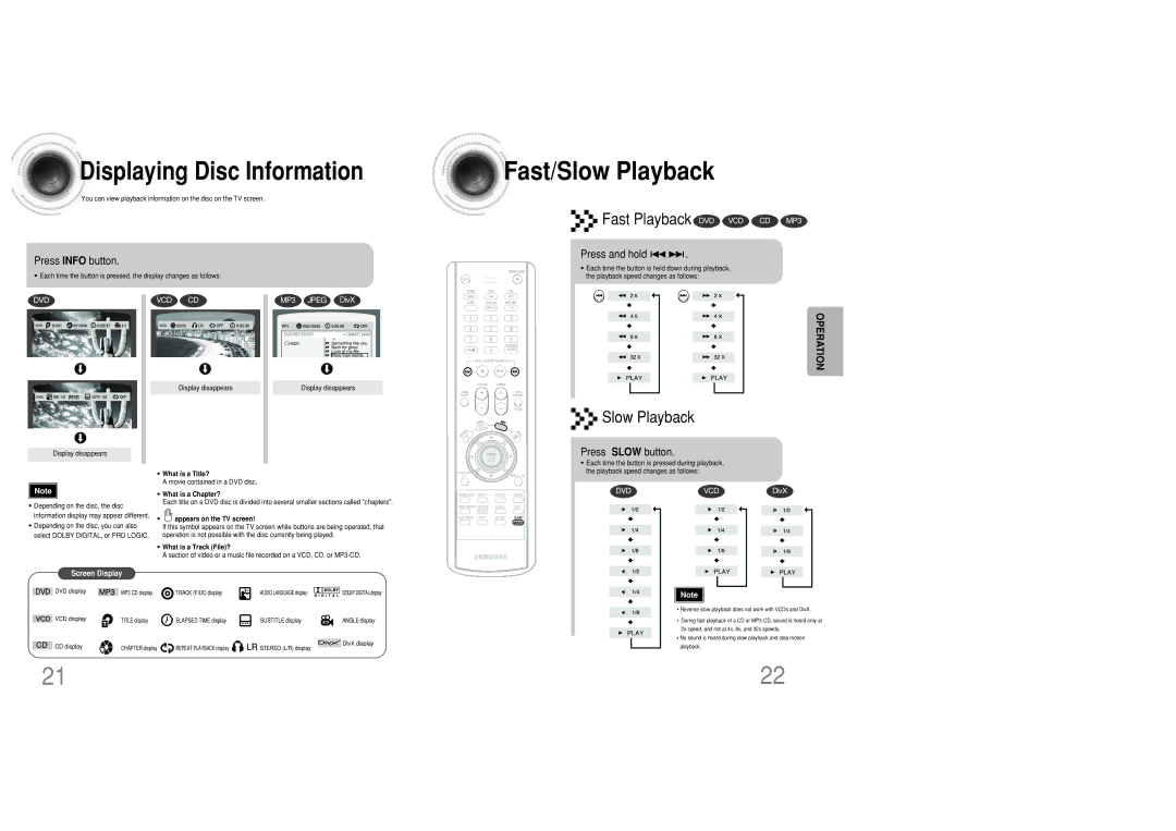 Samsung MAX-DC950F/XSG, MAX-DC950F/UMG manual Fast/Slow Playback, Displaying Disc Information, Fast Playback DVD VCD CD MP3 