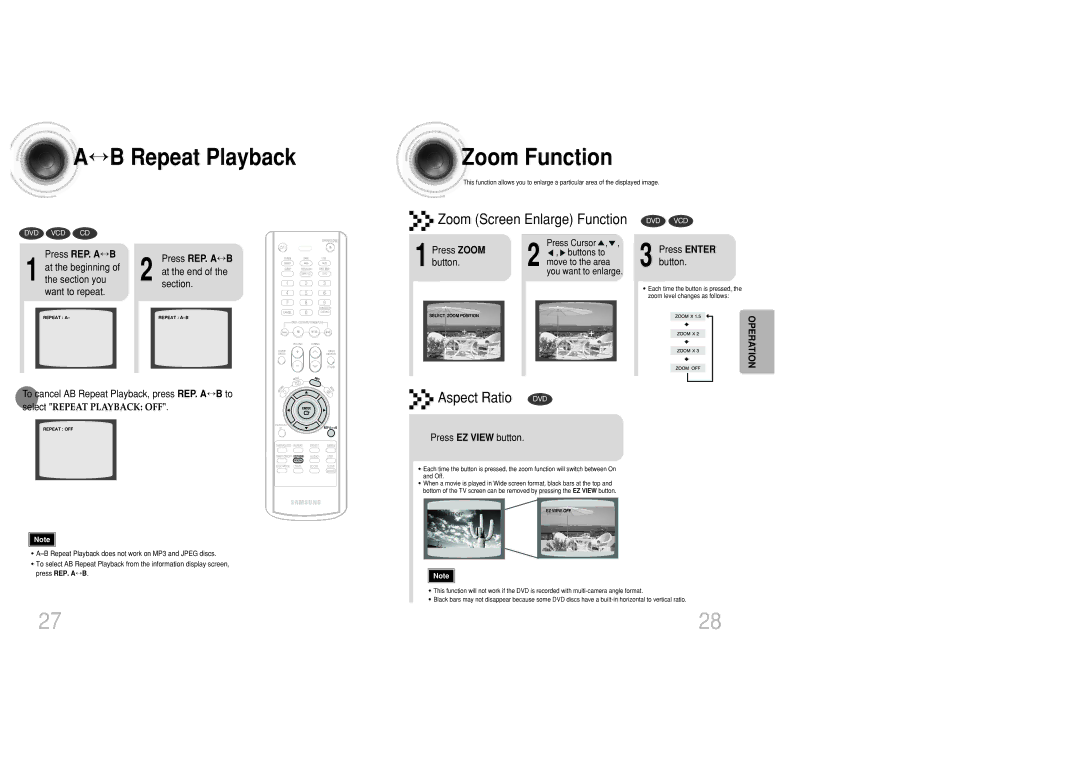 Samsung MAX-DC950F/XSG, MAX-DC950F/UMG manual ↔B Repeat Playback Zoom Function, Zoom Screen Enlarge Function, Press REP. A↔B 