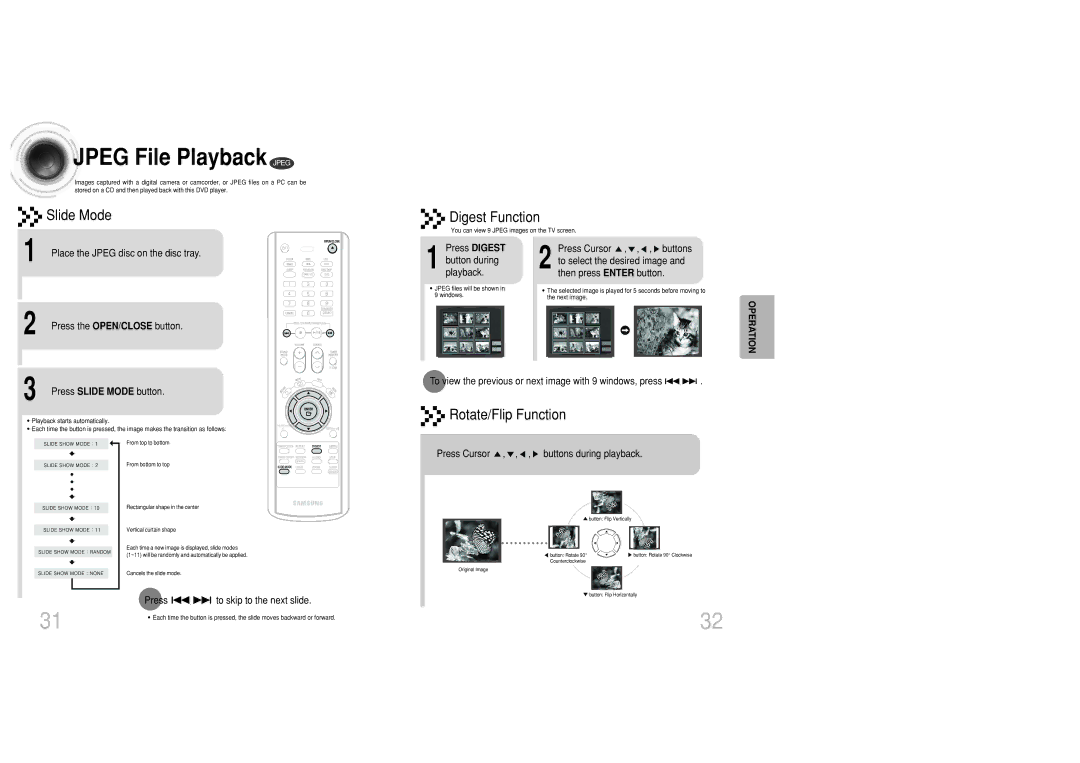 Samsung MAX-DC950T/CDM, MAX-DC950F/XSG manual Jpeg File Playback Jpeg, Slide Mode Digest Function, Rotate/Flip Function 