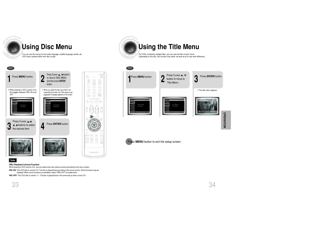 Samsung MAX-DC950F/XSG, MAX-DC950F/UMG Using Disc Menu, Using the Title Menu, Press Menu button to exit the setup screen 