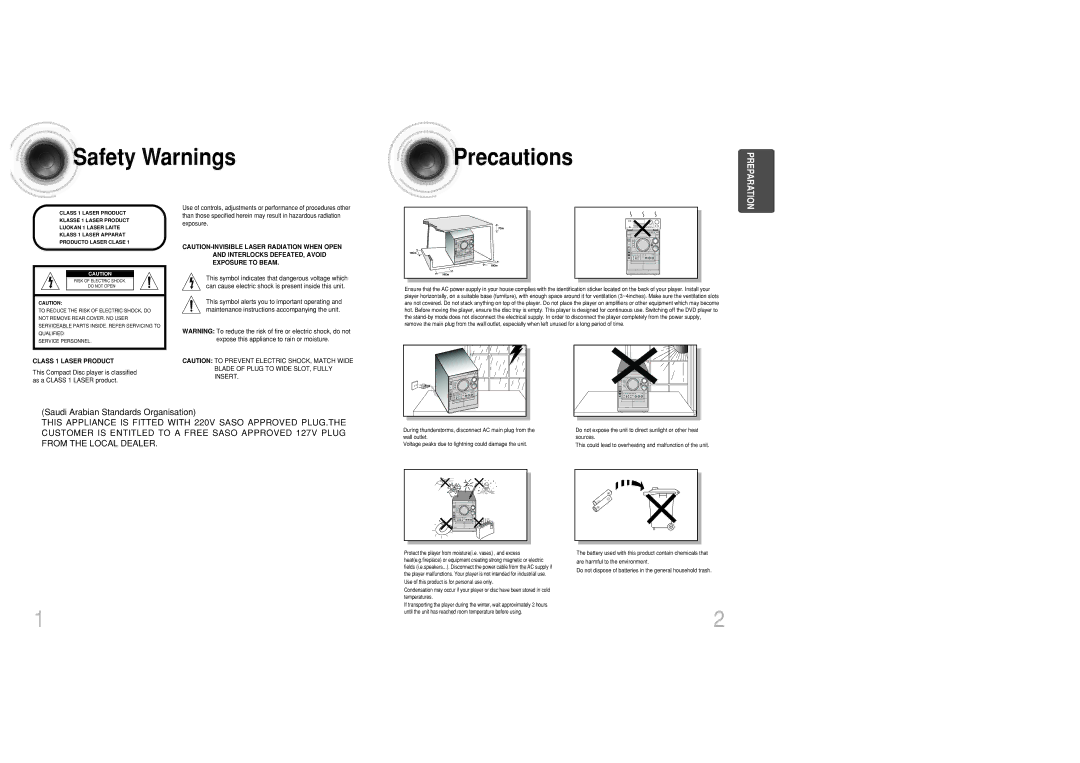 Samsung MAX-DC950T/CDM, MAX-DC950F/XSG, MAX-DC950F/UMG manual Safety Warnings, Saudi Arabian Standards Organisation 