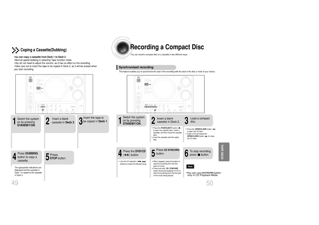 Samsung MAX-DC950T/CDM, MAX-DC950F/XSG, MAX-DC950F/UMG Recording a Compact Disc, Coping a CassetteDubbing, Press Dubbing 