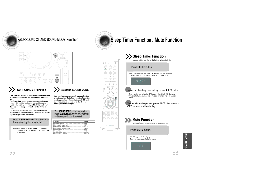 Samsung MAX-DC950T/CDM, MAX-DC950F/XSG manual Sleep Timer Function, Mute Function, Press Sleep button, Press Mute button 