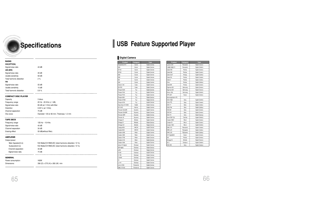 Samsung MAX-DC950F/UMG, MAX-DC950F/XSG, MAX-DC950T/CDM manual Specifications, Digital Camera, Signal/noise ratio 40 dB 