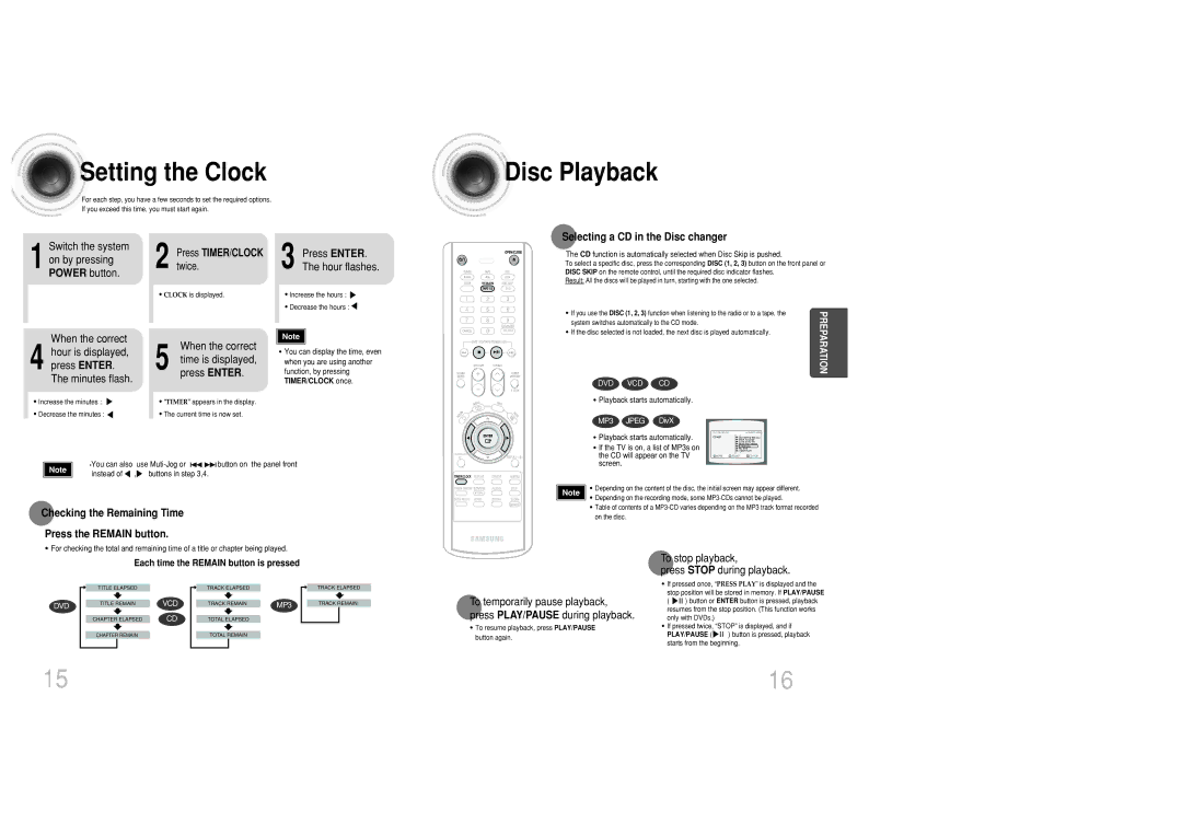 Samsung MAX-DC950F/XSG, MAX-DC950F/UMG, MAX-DC950T/CDM Setting the Clock, Disc Playback, Selecting a CD in the Disc changer 