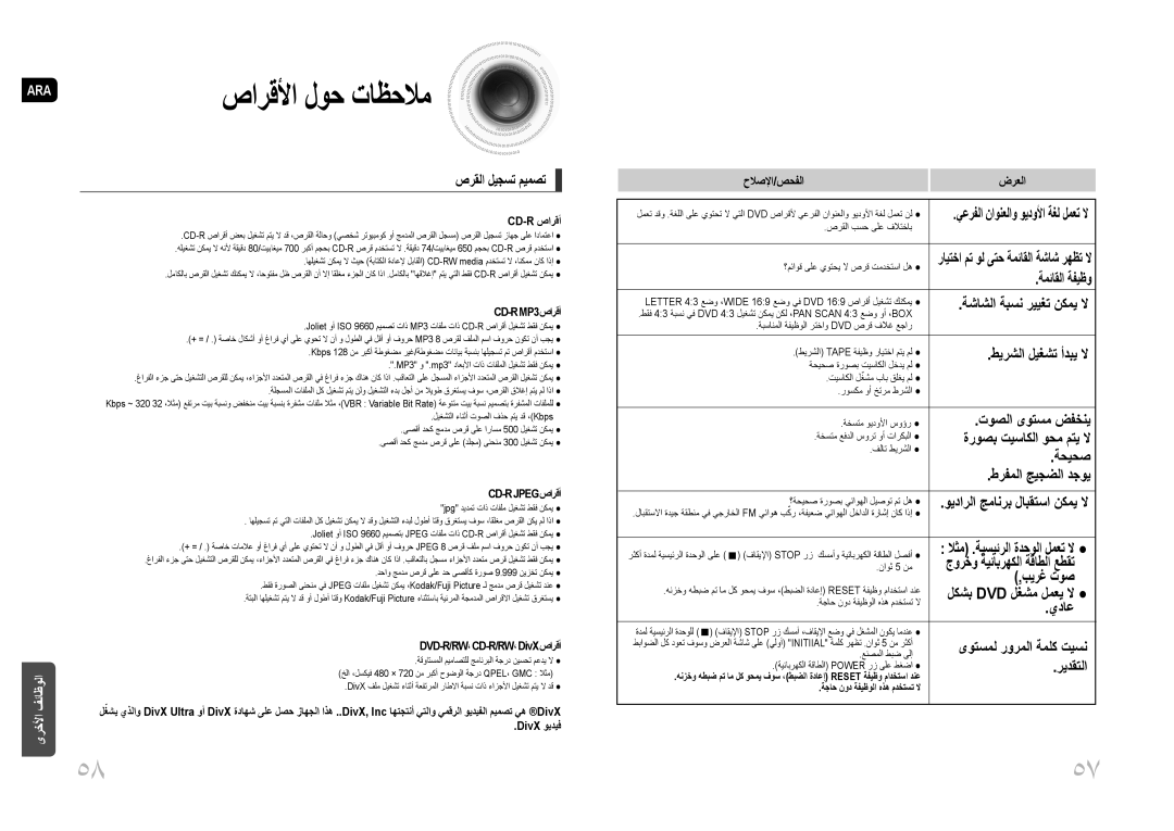 Samsung MAX-DG54T/XFA, MAX-DG54T/FMC, MAX-DG54T/MEA صارقلأا لوح تاظحلام, صرقلا ليجست ميمصت, ويدارلا جمانرب لابقتسا نكمي لا 