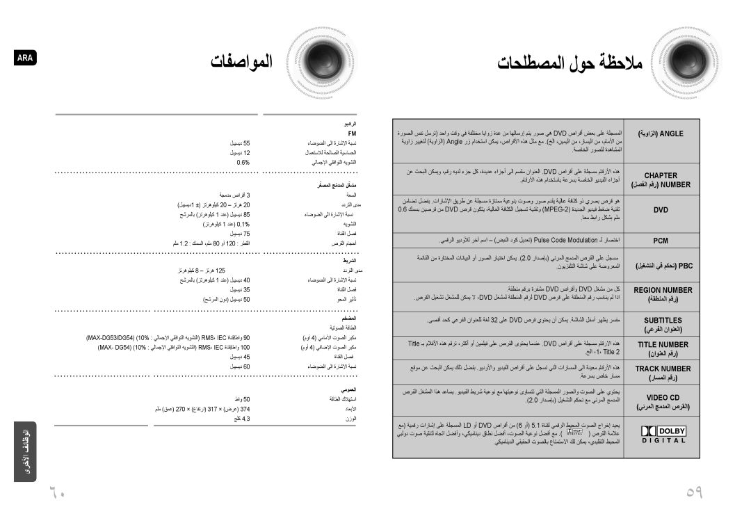 Samsung MAX-DG54T/HAC, MAX-DG54T/FMC, MAX-DG54T/MEA, MAX-DG54T/XFA, MAX-DG53T/HAC manual تافصاوملا, تاحلطصملا لوح ةظحلام 