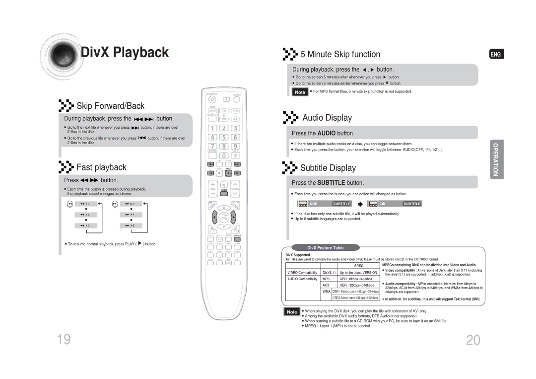 Samsung MAX-DG53T/HAC, MAX-DG54T/FMC, MAX-DG54T/MEA, MAX-DG54T/XFA, MAX-DG54T/HAC manual DivX Playback, Minute Skip function 