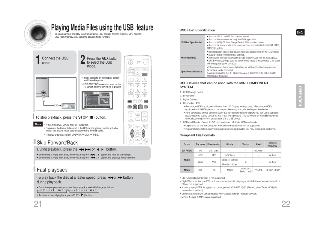 Samsung MAX-DG53T/FMC, MAX-DG54T/FMC, MAX-DG54T/MEA manual Connect the USB, Cable, To stop playback, press the Stop button 