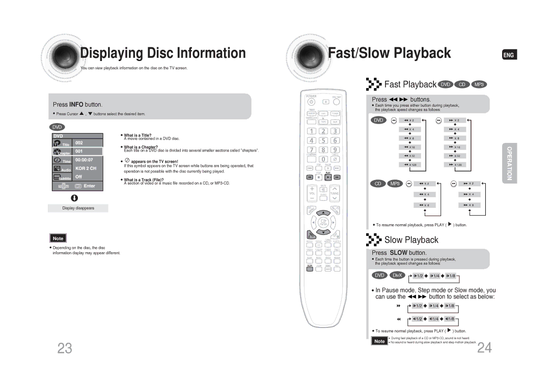 Samsung MAX-DG53T/MEA Fast/Slow Playback, Displaying Disc Information, Press Info button, Press buttons, Press Slow button 