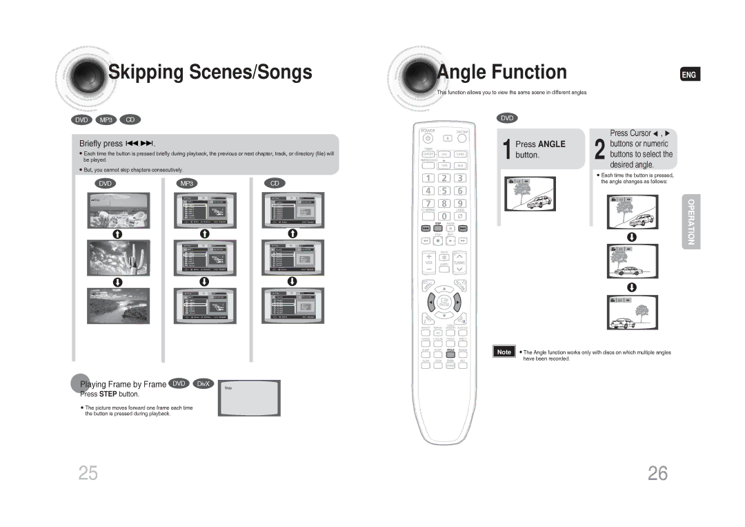 Samsung MAX-DG54T/FMC, MAX-DG54T/MEA manual Skipping Scenes/Songs, Angle Function, Briefly press, Press Angle button 