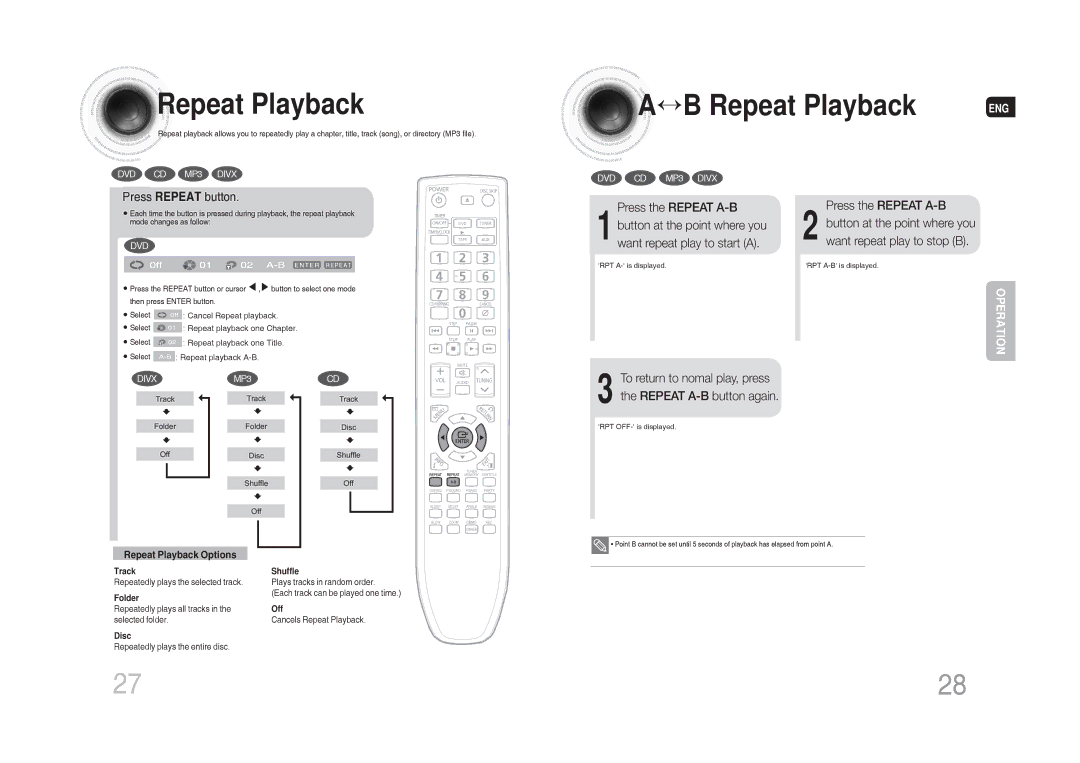 Samsung MAX-DG54T/MEA, MAX-DG54T/FMC, MAX-DG54T/XFA, MAX-DG54T/HAC manual Press Repeat button, Repeat Playback Options 