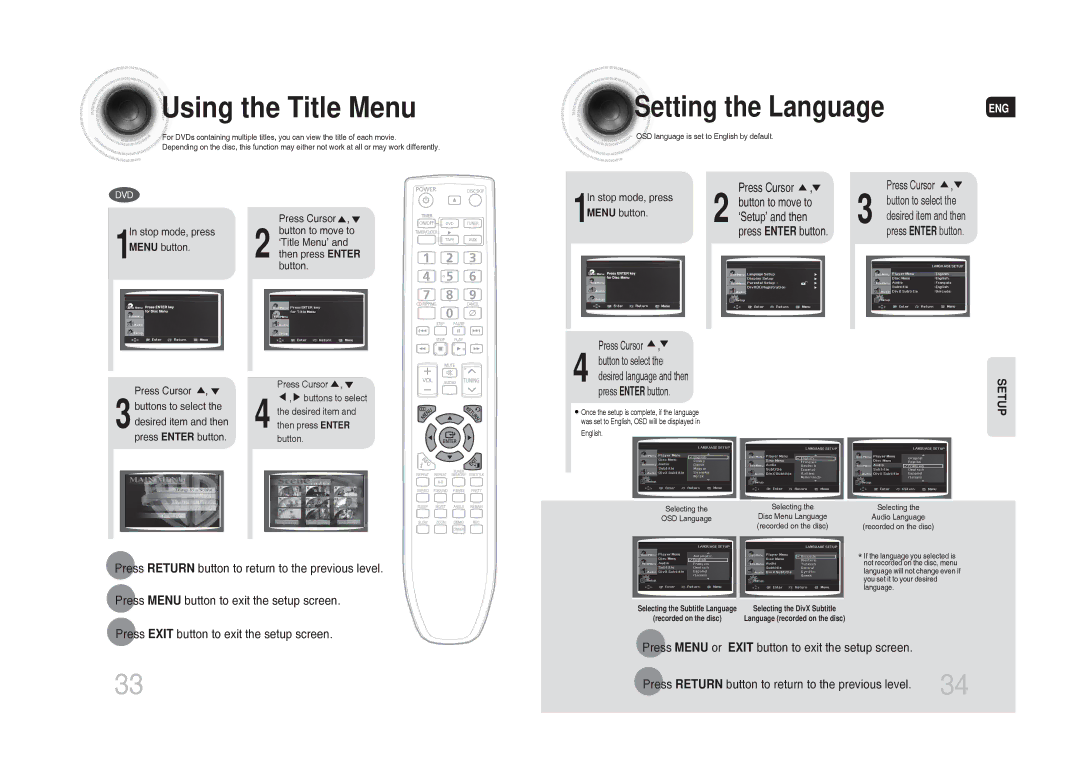 Samsung MAX-DG53T/HAC, MAX-DG54T/FMC, MAX-DG54T/MEA, MAX-DG54T/XFA, MAX-DG54T/HAC Using the Title Menu, Setting the Language 