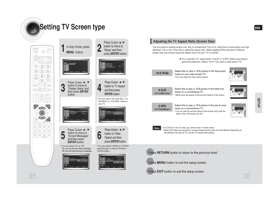 Samsung MAX-DG53T/FMC, MAX-DG54T/FMC, MAX-DG54T/MEA manual Setting TV Screen type, Adjusting the TV Aspect Ratio Screen Size 