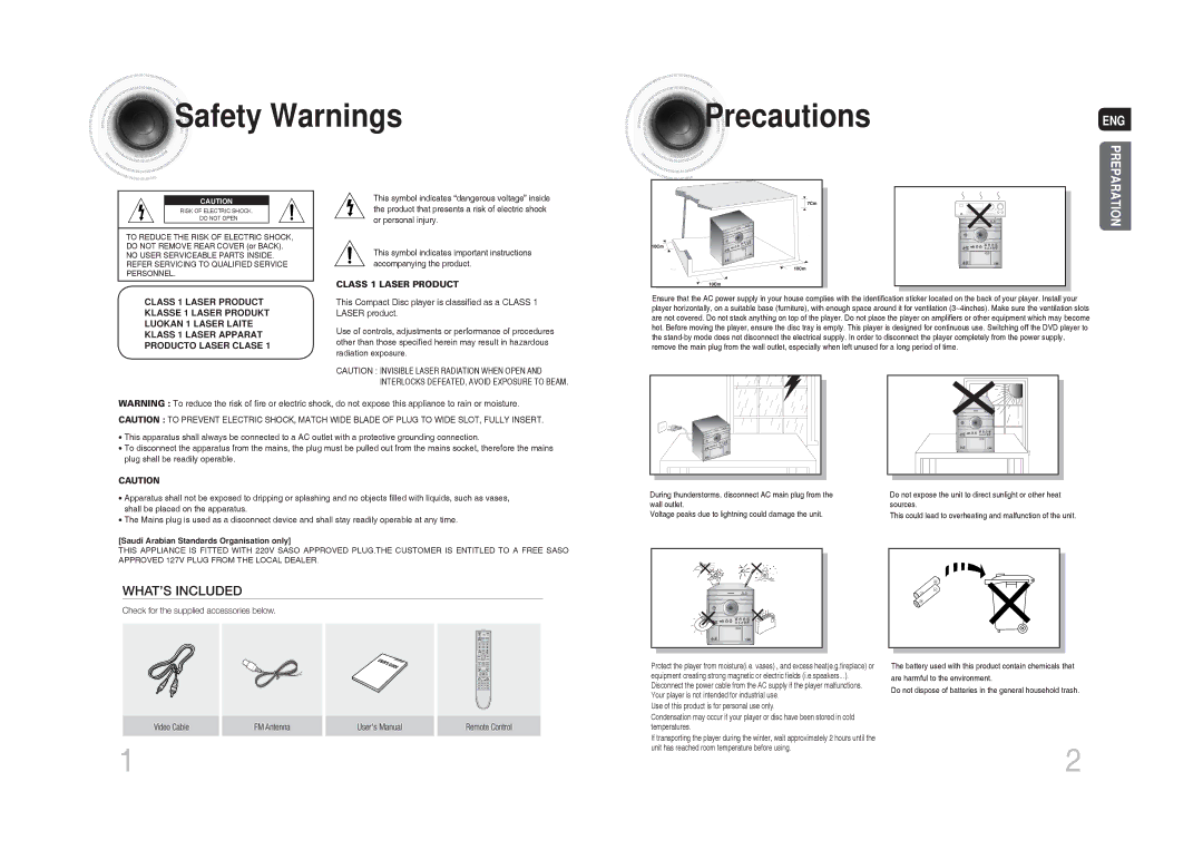 Samsung MAX-DG54T/XFA, MAX-DG54T/FMC, MAX-DG54T/MEA, MAX-DG54T/HAC manual Safety Warnings Precautions ENG, Preparation 