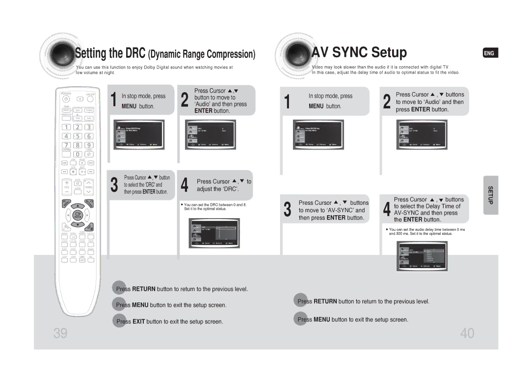 Samsung MAX-DG54T/FMC AV Sync Setup, Press Cursor , to adjust the ‘DRC’, Press Cursor , buttons, To move to ‘AV-SYNC’ 