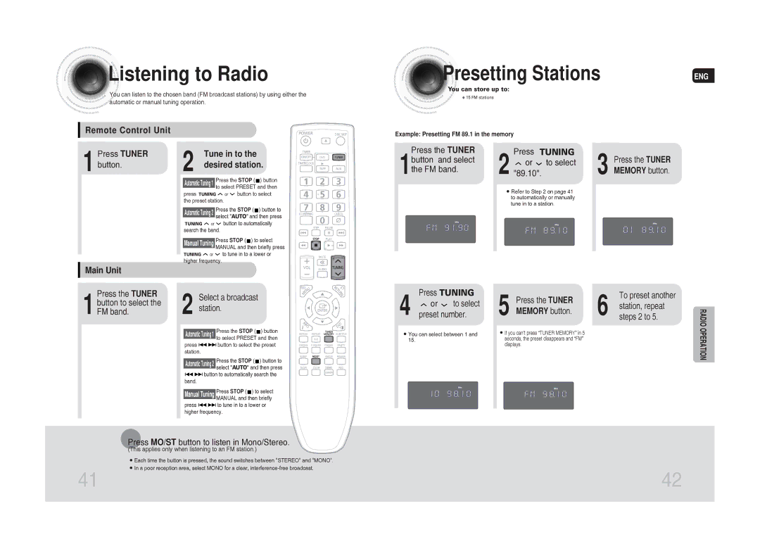 Samsung MAX-DG54T/MEA, MAX-DG54T/FMC, MAX-DG54T/XFA, MAX-DG54T/HAC, MAX-DG53T/HAC Listening to Radio, Presetting Stations 