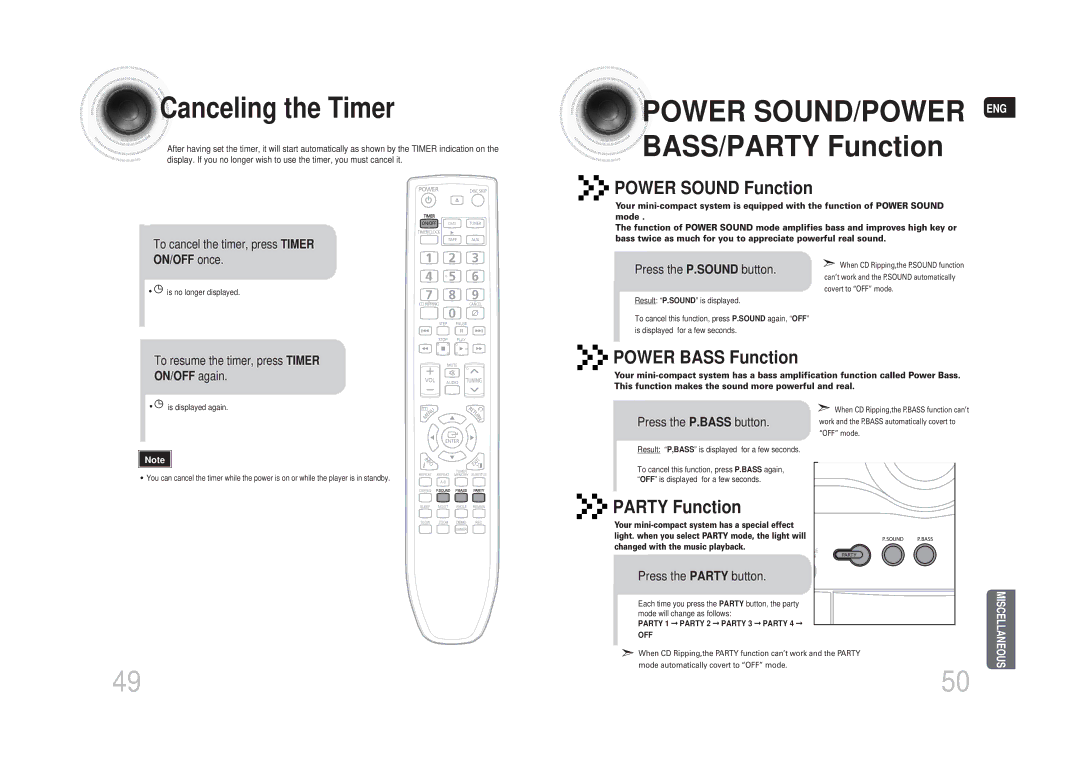 Samsung MAX-DG53T/FMC, MAX-DG54T/FMC manual Canceling the Timer, Power Sound Function, Power Bass Function, Party Function 