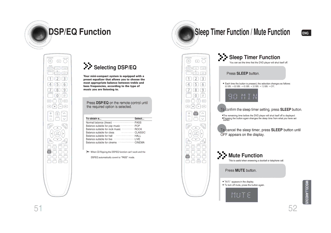 Samsung MAX-DG53T/MEA, MAX-DG54T/FMC, MAX-DG54T/MEA DSP/EQ Function, Selecting DSP/EQ, Sleep Timer Function, Mute Function 