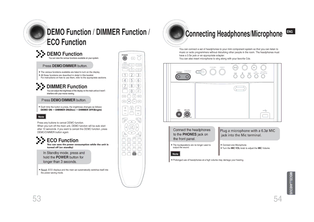 Samsung MAX-DG54T/FMC manual Demo Function, Dimmer Function, ECO Function, Press DEMO/DIMMER button, Longer than 3 seconds 