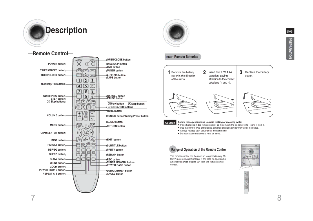 Samsung MAX-DG53T/FMC, MAX-DG54T/FMC, MAX-DG54T/MEA, MAX-DG54T/XFA manual Range of Operation of the Remote Control 