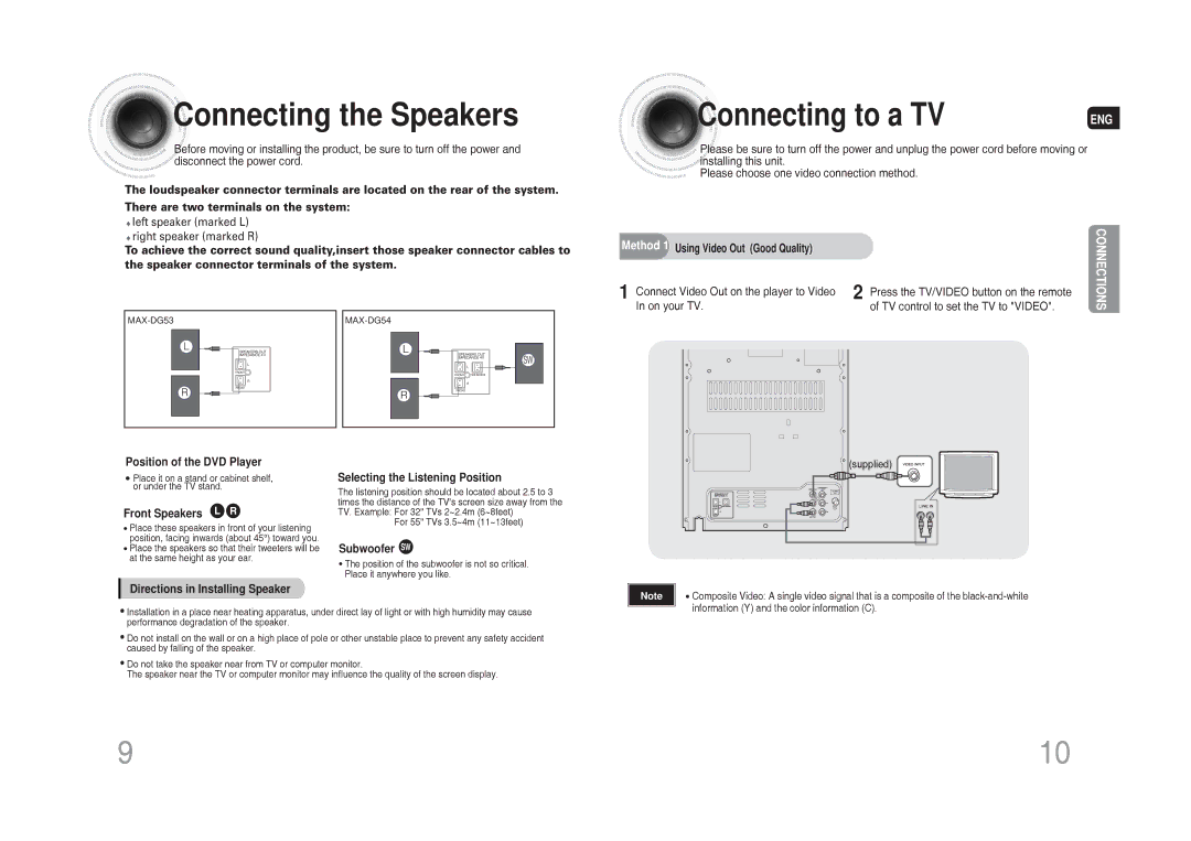 Samsung MAX-DG53T/MEA, MAX-DG54T/FMC, MAX-DG54T/MEA, MAX-DG54T/XFA, MAX-DG54T/HAC Connecting the Speakers, Connecting to a TV 