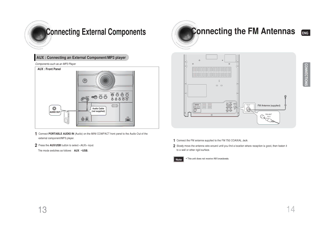 Samsung MAX-DG54T/MEA, MAX-DG54T/FMC manual Connecting the FM Antennas, AUX Connecting an External Component/MP3 player 