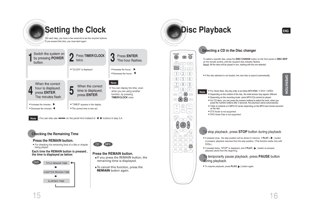 Samsung MAX-DG54T/XFA manual Setting the Clock, Disc Playback, Selecting a CD in the Disc changer, Press the Remain button 