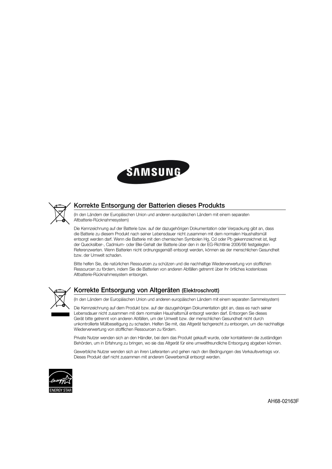 Samsung MAX-DG56R/EDC manual Korrekte Entsorgung der Batterien dieses Produkts 