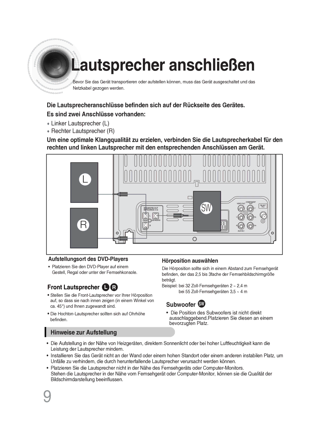 Samsung MAX-DG56R/EDC manual Lautsprecher anschließen, Aufstellungsort des DVD-Players, Hörposition auswählen 