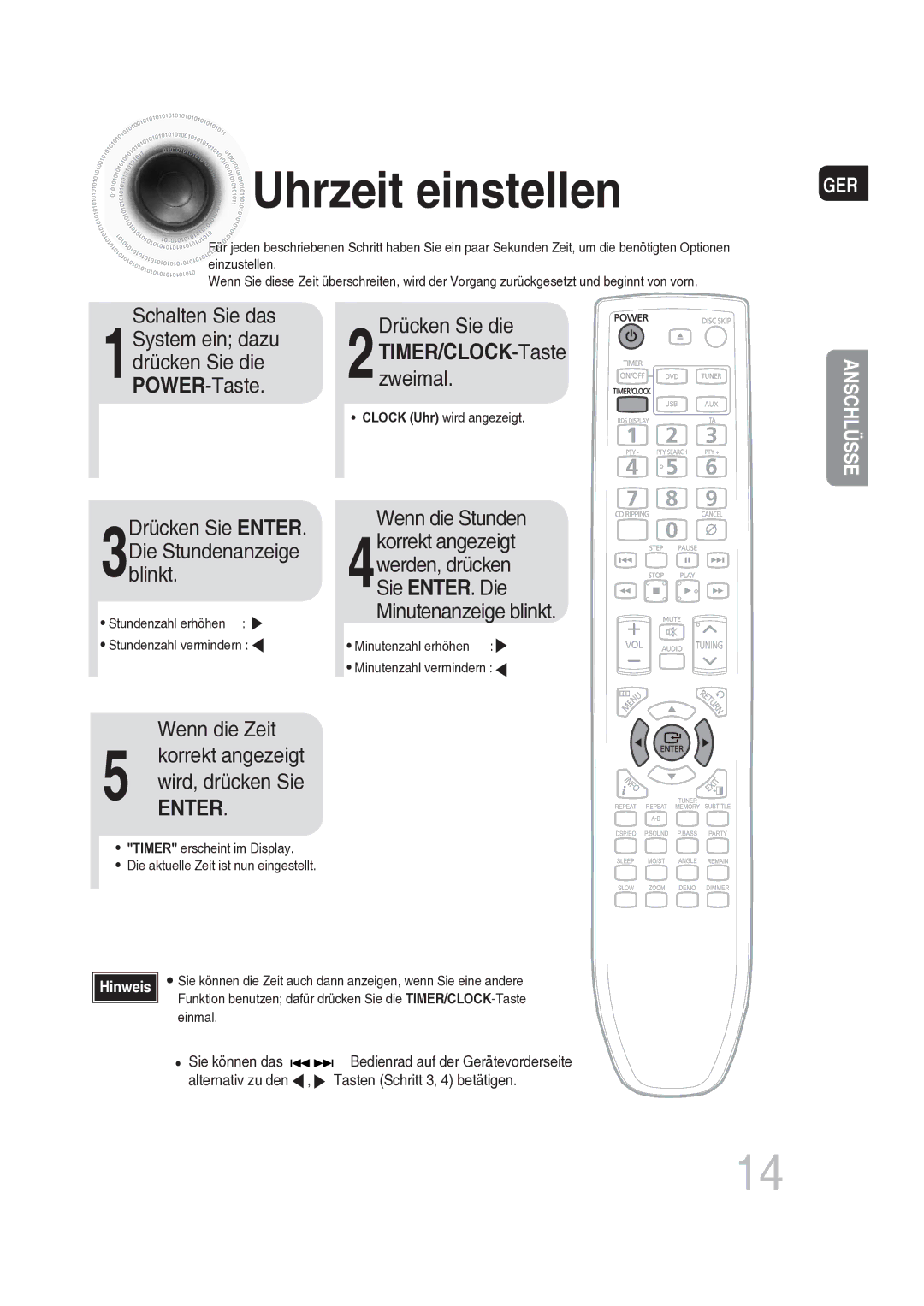 Samsung MAX-DG56R/EDC manual Uhrzeit einstellen, 2TIMER/CLOCKzweimal. -Taste 