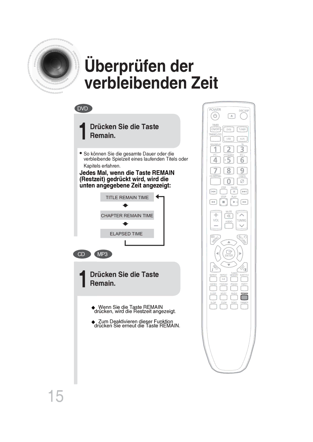 Samsung MAX-DG56R/EDC manual Überprüfen der verbleibenden Zeit, 1Drücken Sie die Taste Remain 