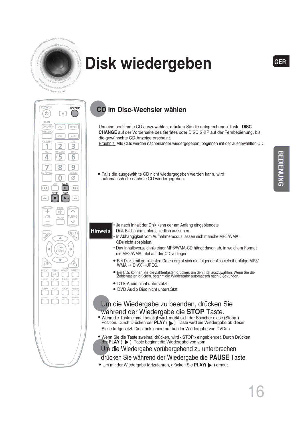 Samsung MAX-DG56R/EDC manual CD im Disc-Wechsler wählen, Um mit der Wiedergabe fortzufahren, drücken Sie Play erneut 